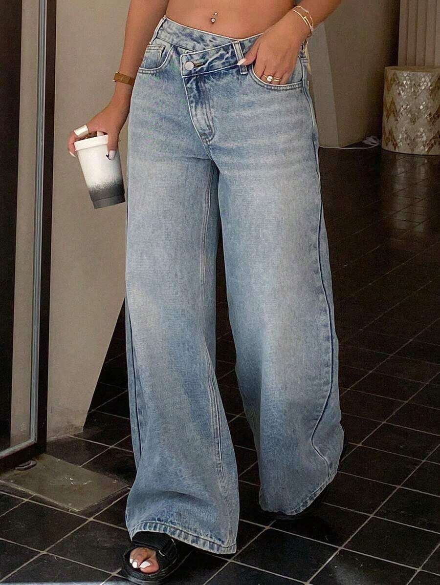 Jeans rectos de cintura baja con banda de cintura elegante para mujer - Lavado ligero 2 - Ver 1