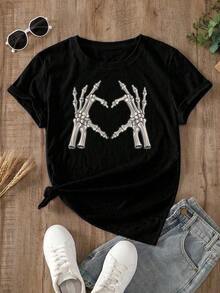 Camiseta de mujer moderna, informal, para fiestas y para estar en casa, 100% algodón, corte holgado.1pscElegante camiseta negra de poliéster de manga clásica para mujer con un divertido diseño de corazón esqueleto. Diseño casual y estilo desenfadado.100%cotton - Negro - Ver 6