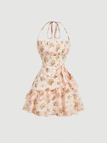 Vestido mini con cuello halter romántico y de moda para mujer - Amarillo - Ver 2