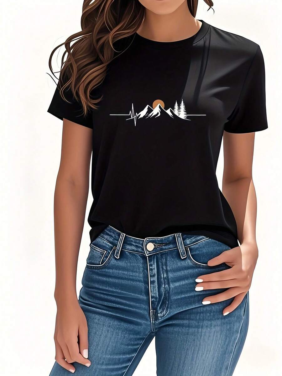 Women's T-Shirt With A Mountain Sunset And Heartbeat Print, Short Sleeves And Round Neck, And Versatile Style, Suitable For Casual Wear, Sports, Home, Travel And Dates, Pure Cotton Women's T-Shirt With Print. - 黑色 - 查看 1