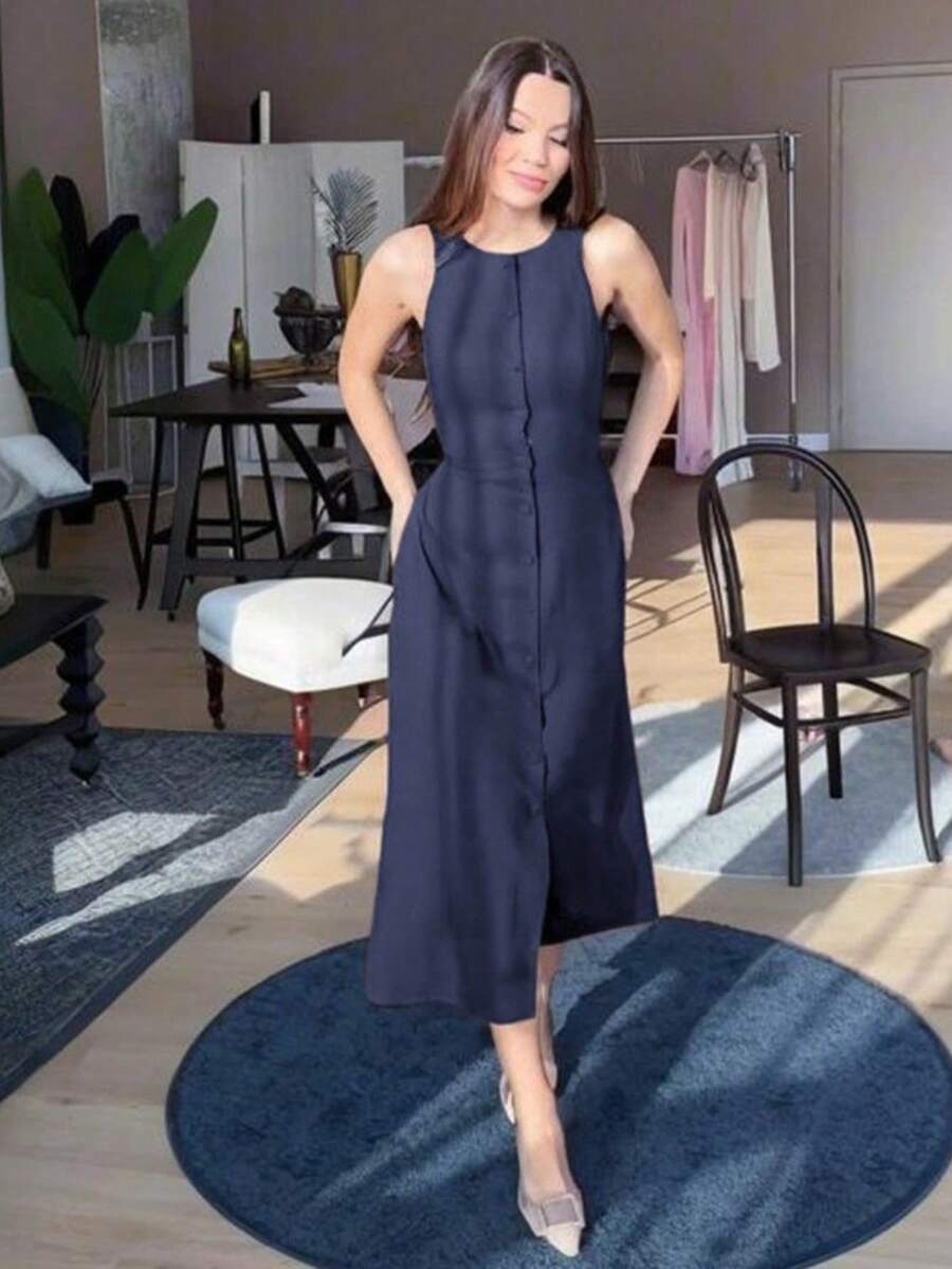 Nuevo vestido mujer verano 2026, sin mangas, con botones, cintura ajustada, elegante y de moda. - Azul - Ver 1