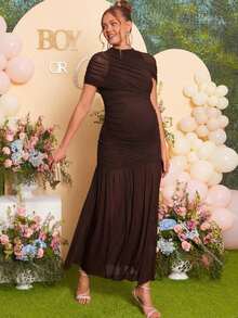 Loomaby Elegante vestido de fiesta de maternidad, vestido ajustado de unicolor con parches, tul transparente y volantes - Cafetería - Ver 4