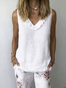 Women's V-Neck Solid Color Pullover Blouse Shirt, Fashionable Versatile Ruffle Hem Camisole Top For All Seasons White Summer - White - View 4