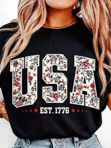 Camiseta Floral USA, Camiseta Retro America, 4 de Julio PNG, 4 de Julio, Retro USA, Algodón Suave, Corte Unisex, Diseño Clásico - Corte Holgado, Estilo Relajado y Cómodo - Negro - Ver 6