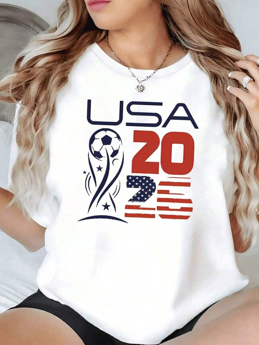 Copa con balón y estrellas que simbolizan la pasión por el fútbol y el orgullo por la bandera de Estados Unidos camiseta de mujer casual moderna para fanáticas del deporte - Negro - Ver 1