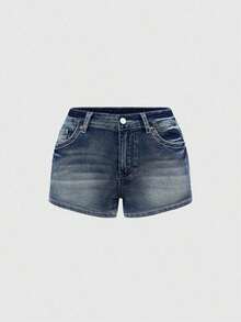 Grunge Punk Shorts vaqueros de talle bajo con decoración de alas bordadas con cristales, estilo Y2K - Azul - Ver 2