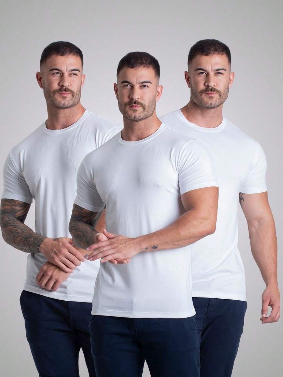 Set Of 3 Basic Egyptian Men's T-Shirts, 93% Cotton, 7% Elastane, Premium Quality. - 3 White - View 1