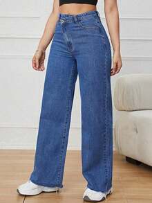 Pantalones Largos De Mezclilla De Cintura Alta Cruzada Para Mujer - Azul lavado oscuro - Ver 6