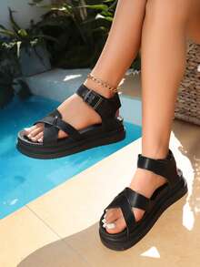 Women's White Cross Strap Platform Sandals, Summer Casual Open Toe Shoes With Adjustable Buckle Ankle Strap, Thick Black Non-Slip Sole, Lightweight PU Leather, Soft Breathable Insole, Comfortable All-Day Wear, Versatile For Beach - Black - View 5