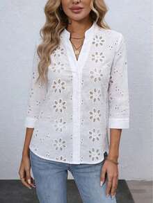 Blusa de mujer con bordado floral y cuello con muesca, manga 3/4.Tops de manga tres cuartos - Blanco 6 - Ver 5