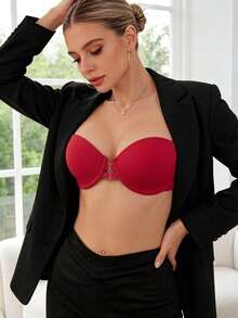 Women's Red Strapless Bra, Sexy Invisible Strapless Bra With Front Clasp, Underwire Push Up Bra With Backless Design - Red - View 6