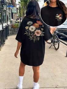 Camiseta de talla grande con estampado floral de verano - Negro 4 - Ver 6