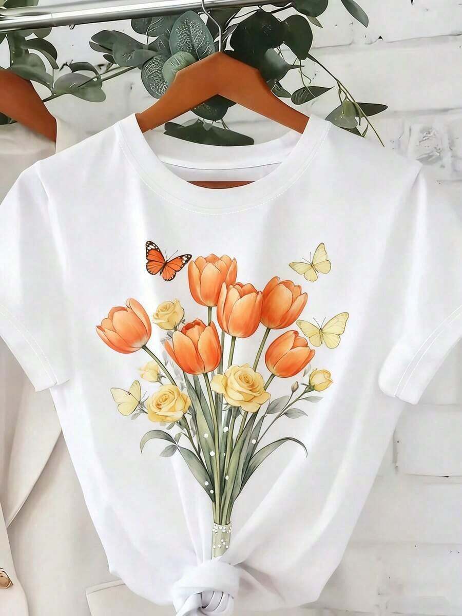 1 Piece Of Women's Clothing, Orange Tulip And Yellow Rose Pattern With Butterflies, Round Neck Casual Sportswear, Daily Casual Fashion, Women's Winter Clothes, Christmas Gift, Autumn Clothes - 白色 - 查看 1