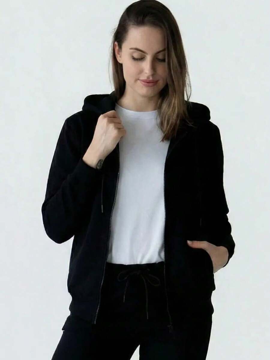 女款法式毛圈布連帽拉鍊運動衫,羅紋袖口與下擺收邊,尺寸 XS–10XL,適合春、夏、秋季穿著 - 黑色 - 查看 1