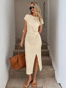 Vestido midi casual de mujer con estampado de lunares, cintura retorcida y abertura alta sin mangas; Vestido ajustado texturizado casual de mujer; Conjunto de fitness de mujer; Vestido de invitada de boda de mujer; Atuendo de oficina de mujer - Blanco 2 - Ver 5