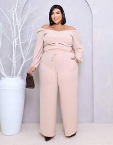 Plus Size Set: Off-The-Shoulder Cropped Top And Elegant High-Waisted Lined Palazzo Pants - 裸體 - 查看 2