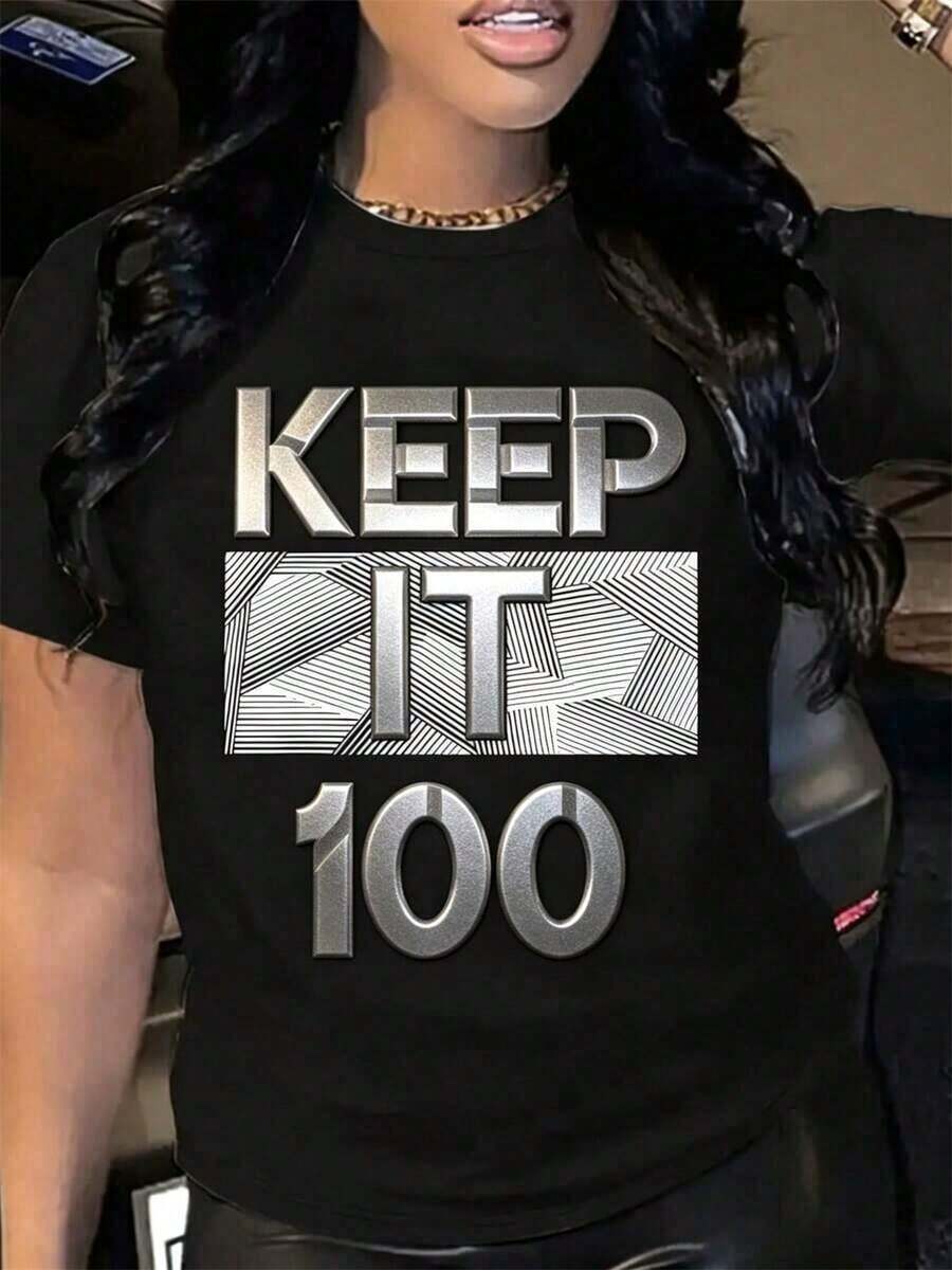 Camiseta gráfica de manga corta para mujer "Keep It 100" - Diseño de texto tridimensional plateado - Camiseta casual de cuello redondo para uso diario y ocio. - Negro - Ver 1