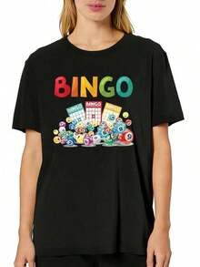 1 pieza Camiseta con estampado gráfico de bingo, cartas de bingo y letras, diseño de juego de azar, cuello redondo, manga corta, camiseta casual a la moda, ajuste cómodo, lavable a máquina, para primavera y verano, ropa de mujer, 180g 100% algodón, todos los diseños están impresos. Unisexo. - Negro - Ver 7