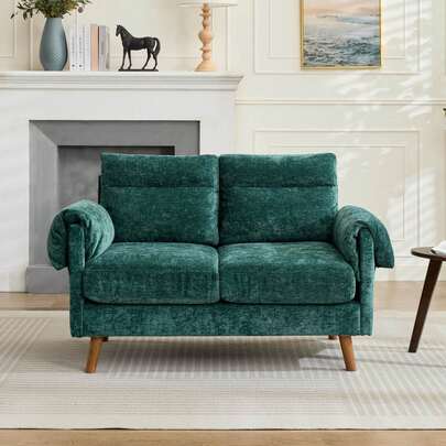 Compact Two-Seater Sofa In Chenille, Mid-Century Style, With Soft Plush Upholstery, Plush Cushions, And Wood-Look Legs. A Great Space Saver For The Living Room, Bedroom, Or Apartment. Color: Emerald Green.