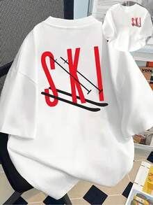 Camiseta Gráfica de Esquí para Mujer - Camiseta de Cuello Redondo con Diseño de Esquí Rojo, Camiseta Casual para Todas las Temporadas para Esquiar, Estilo Y2k - Negro - Ver 1