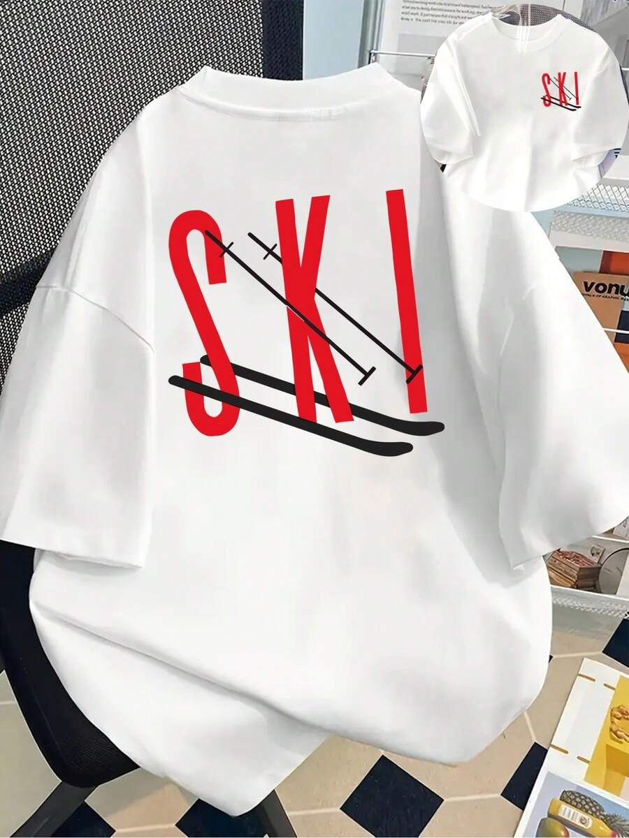 Camiseta Gráfica de Esquí para Mujer - Camiseta de Cuello Redondo con Diseño de Esquí Rojo, Camiseta Casual para Todas las Temporadas para Esquiar, Estilo Y2k - Negro - Ver 1