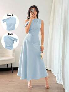 Elenzya Vestido elegante, de moda y lindo de estilo bohemio francés con volante asimétrico en el hombro y diseño entallado y acampanado en color verde macaron, adecuado para ocasiones de verano como vacaciones, graduación, Día de la Independencia, citas, vacaciones - Celeste - Ver 1
