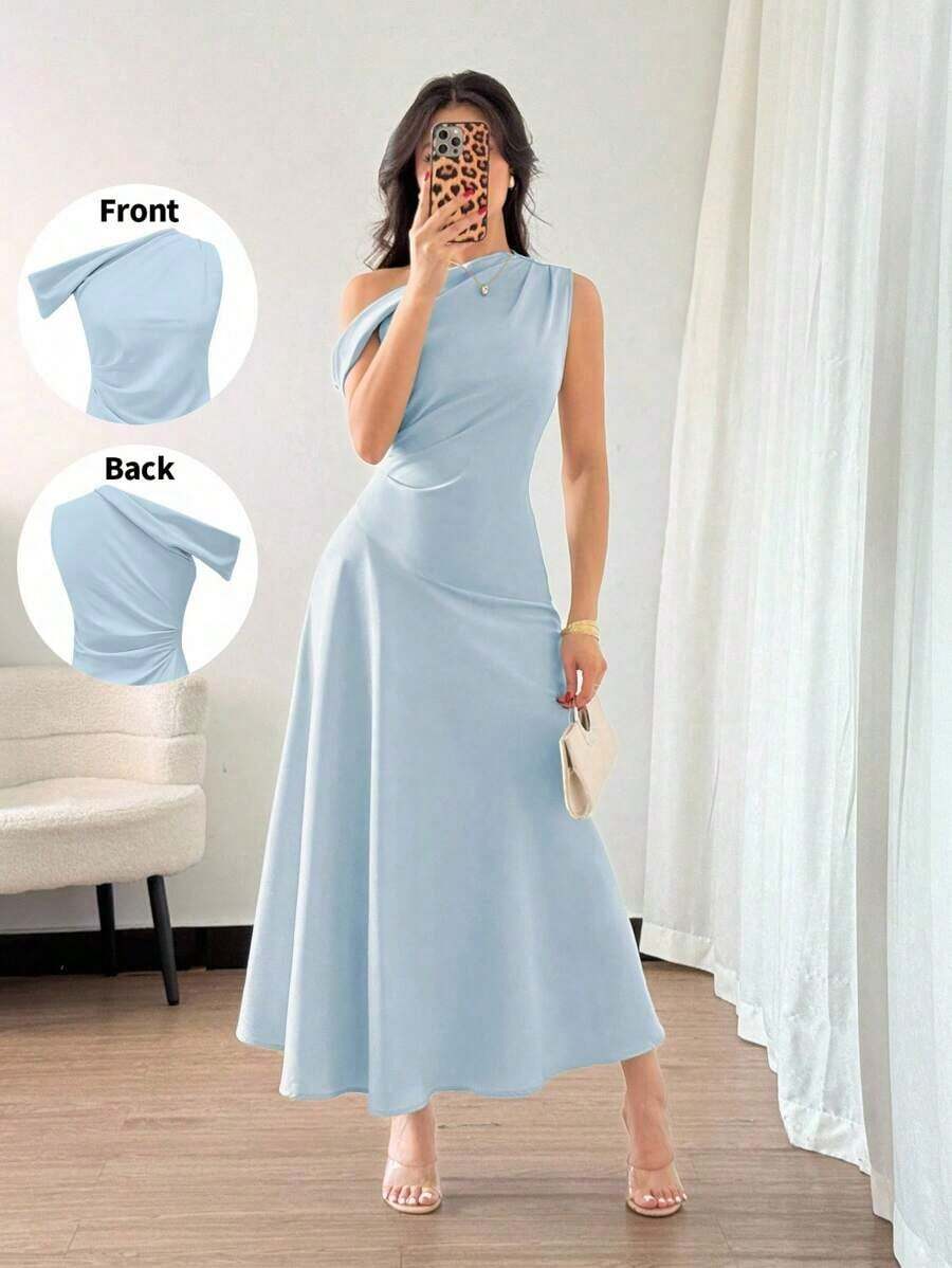 Elenzya Vestido elegante, de moda y lindo de estilo bohemio francés con volante asimétrico en el hombro y diseño entallado y acampanado en color verde macaron, adecuado para ocasiones de verano como vacaciones, graduación, Día de la Independencia, citas, vacaciones - Celeste - Ver 1