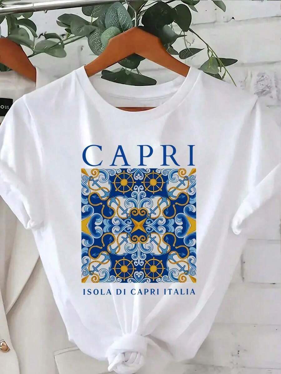 Camiseta de manga corta con cuello redondo y estampado de letras y gráficos para mujer , camisetas gráficas de verano para mujer. - Blanco - Ver 1