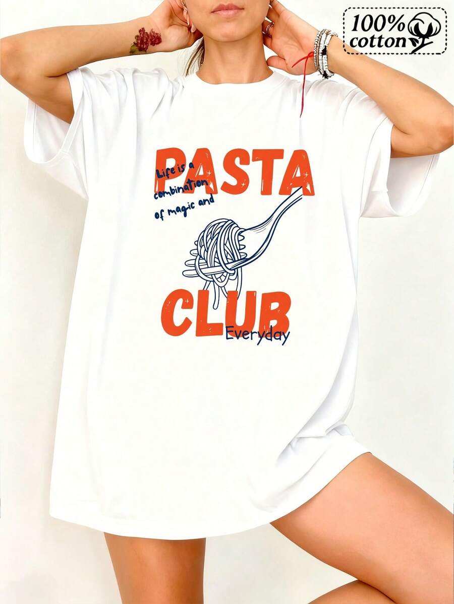 Camiseta blanca de mujer con diseño de club de pasta con tenedor y fi, perfectara excursiones informales y ocio
