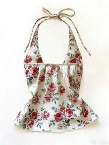 Blusa Elegante y Romántica  con Diseño Floral Retro y Decoración de Pedrería, Cuello Halter y Corte en A para Mujer - Multicolor - Ver 2