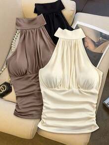 Top corto tipo bralette con cuello halter y frunces para mujer, tela cómoda y ligera, multicolor, blusas casuales de verano para mujer, blusas elegantes para mujer, camisetas gráficas para mujer, blusas elegantes para mujer, tops blancos, ropa de trabajo para mujer, tops negros, top blanco, camisa de vestir para mujer, estilo festival Y2k. - Multicolor - Ver 6