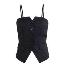[Estilo Sexy] Camiseta sin mangas con tirantes finos, cuello corazón y corte ajustado para el verano - Negro - Ver 1