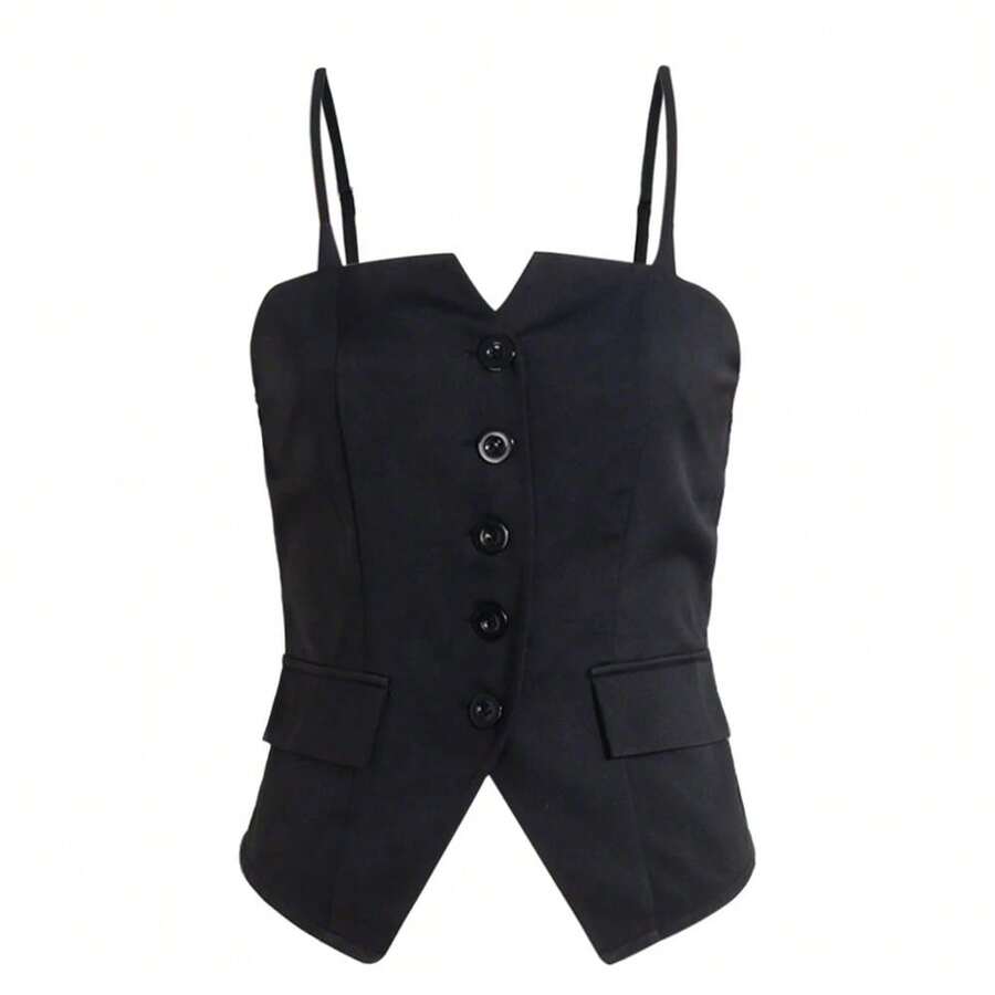 [Estilo Sexy] Camiseta sin mangas con tirantes finos, cuello corazón y corte ajustado para el verano - Negro - Ver 1