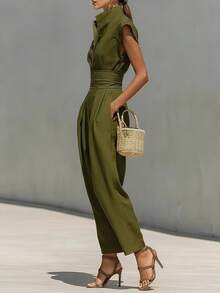 Vestido primavera mujer cuello alto liso con mangas voladoras elegante estilo europeo de moda - Verde - Ver 4