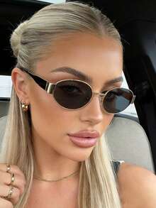 1 Pair Retro Metal Full-Rim Women's Fashion Glasses, Summer Beach Holiday Accessory, Outdoor Travel Casual Stylish Glasses - Black and Gray Film - View 2