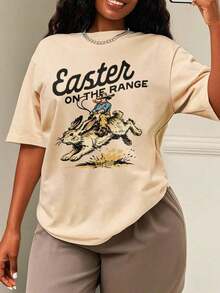 1 pieza Estilo cotidiano, Camiseta de Pascua, Camiseta vintage con gráfico de conejo de Pascua, Regalo de Pascua, Diseño de camiseta de vaquero de Pascua con conejo de rodeo estilo western vintage de primavera, Hecha para realzar las curvas de forma suave, cómoda y que aumenta la confianza, 180g 100% algodón, Todos los patrones están impresos. Unisexo. - Negro - Ver 5