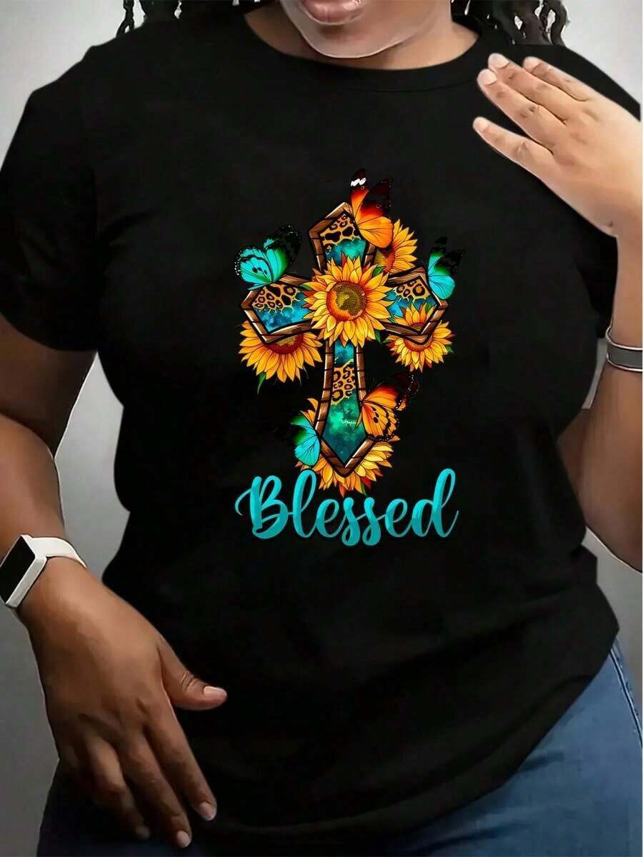 ropa de mujer Camiseta con diseño de cruz, girasol, mariposa y texto para eventos religiosos y uso diario camisas de mujer - Negro - Ver 1