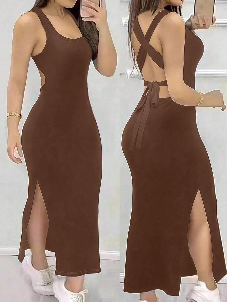 Vestido ajustado y sexy con cuello bajo, espalda descubierta, tirantes cruzados y abertura - Marrón - Ver 1