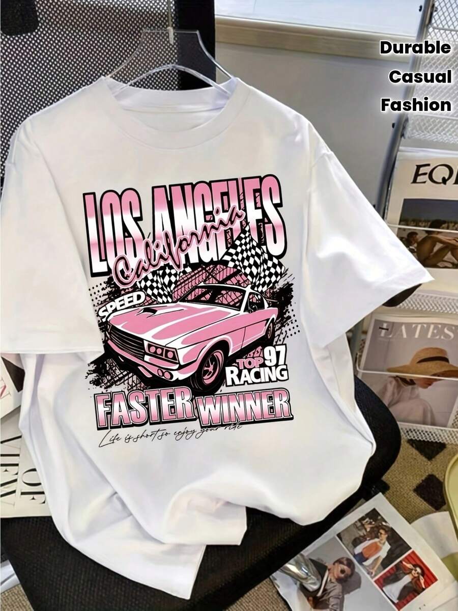Camiseta Gráfica Los Angeles Fast & Furious 97 Faster - Diseño de Coche Clásico Rosa, Camiseta Casual de Cuello Redondo para Mujer, Moda para Todas las Temporadas, Ropa Casual| Camiseta con Diseño Gráfico Atrevido| Durable Fabric Y2k Camiseta Camisa De - Negro - Ver 1