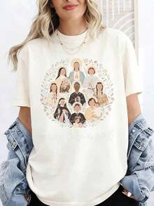 Camiseta holgada para mujer estilo Y2K, con estampados de santos católicos, diseñada específicamente para mujeres cristianas, con un estilo callejero vintage de los años 2000 y un corte holgado. Hecha de 100% algodón, es una camiseta de manga corta para vacaciones de verano y días de descanso para mujeres - Estilo vintage urbano, unisex, holgada, de algodón, con cuello redondo. - Blanco - Ver 12