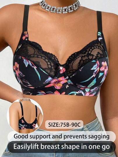 Sutiã sem Arame de Renda e Recortes Plus Size para Mulheres, Sutiã Esportivo Confortável e de Lazer com Design de Costas Respirável