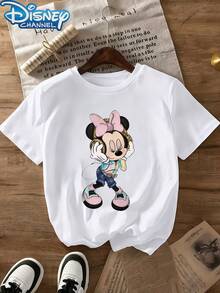 Disney 1pc Teen Girls Cute Minnie Mouse With Headphones Print Short Sleeve Casual T Shirt Tops For Teen Girls Clothes For Teen Girls Teen Clothes Summer - trắng - Xem 3