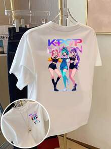 Camiseta Gráfica de Grupo  para Mujer - Ropa para Fans de Música Pop Coreana con Nombres de Miembros y Foto del Grupo, Camiseta Casual de Manga Corta con Cuello Redondo, Lavable a Máquina, Esencial para Primavera, Verano y Otoño, Moda de Temporada, Ajuste Cómodo, Camiseta Estampada Y2k - Blanco - Ver 1