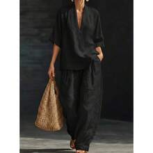 Women's Casual Elegant Linen Two-Piece Outfit With V-Neck Blouse & Wide-Leg Pants, Long Sleeve Fall Fashion Set - 黑色 - 查看 1