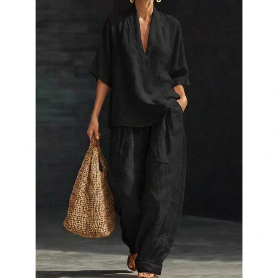 Women's Casual Elegant Linen Two-Piece Outfit With V-Neck Blouse & Wide-Leg Pants, Long Sleeve Fall Fashion Set - 黑色 - 查看 1