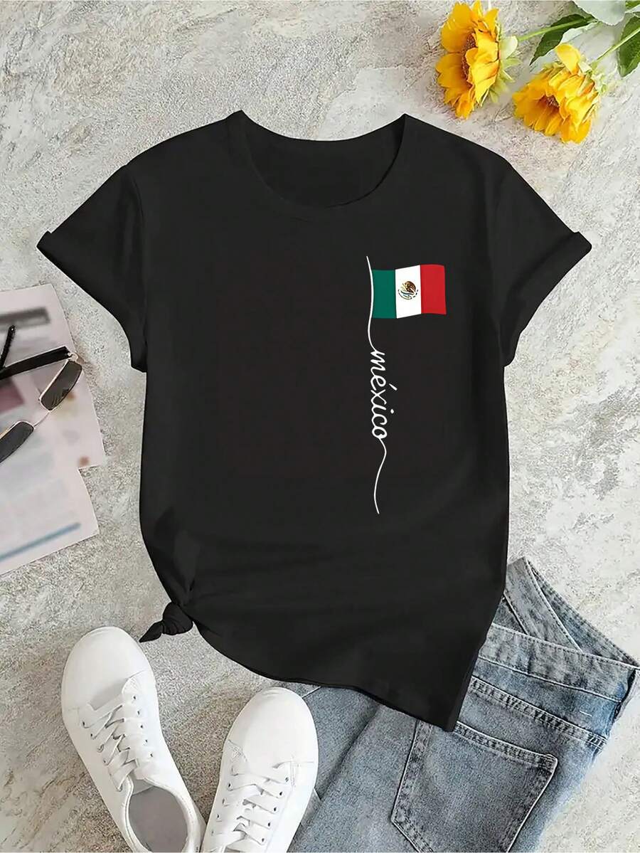 Women's T-Shirt With Mexican Flag - National Emblem, Ideal For Travel And Casual Wear, Round Neck, Short Sleeve, Machine Washable, Garment Of Mexican Pride, Soft - 黑色 - 查看 1