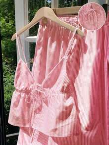 casual de 2 piezas de mujer con rayas tejidas, para primavera/verano - Rosa Pálido - Ver 3