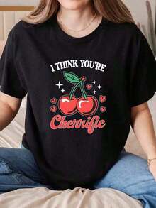 Designed For Modern, Stylish, And Comfortable Women. Summer Outfits For Women. Unisex "I Think You're Cherrific" Cherry Print T-Shirt. Crew Neck T-Shirt For Valentine's Day, Birthday Parties, And Casual Wear. Machine Washable, Ideal For Everyday Wear, Parties, And Leisure. 220g. Made With Premium Soft And Breathable Fabric, Designed For All-Day Comfort And Versatile Everyday Wear, Perfect For Casual Outings. - 黑色 - 查看 1