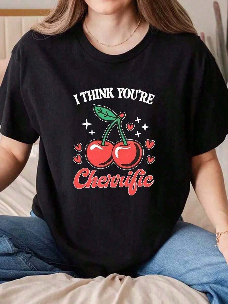 Designed For Modern, Stylish, And Comfortable Women. Summer Outfits For Women. Unisex "I Think You're Cherrific" Cherry Print T-Shirt. Crew Neck T-Shirt For Valentine's Day, Birthday Parties, And Casual Wear. Machine Washable, Ideal For Everyday Wear, Parties, And Leisure. 220g. Made With Premium Soft And Breathable Fabric, Designed For All-Day Comfort And Versatile Everyday Wear, Perfect For Casual Outings. - 黑色 - 查看 1