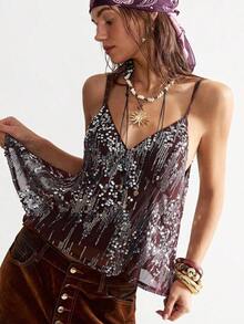 Camiseta de tirantes finos sin mangas de verano con lentejuelas de moda casual para mujeres - Marrón - Ver 8